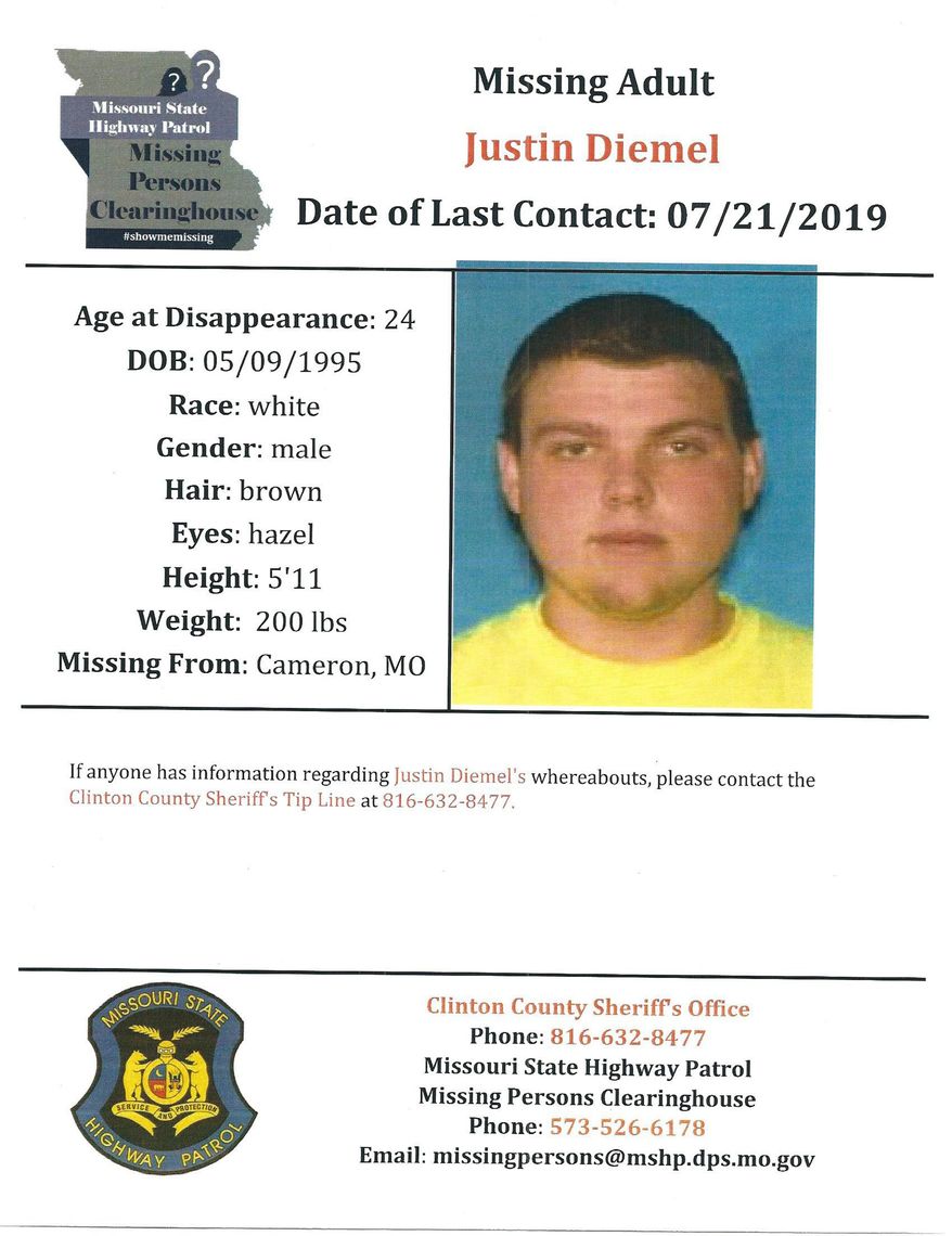 This document provided by the Clinton County Missouri Sheriff's Department shows a missing poster for Justin Diemel. Justin and his brother Nick Diemel, who owned Diemel's Livestock in Bonduel, Wis., have been missing since July 21, 2019, when they were in northwest Missouri to check cattle for their business. A judge denied bond on Monday July, 29, for Garland "Joey" Nelson charged with tampering with a rental vehicle used by the two missing brothers. (Clinton County Missouri Sheriff's Department via AP)