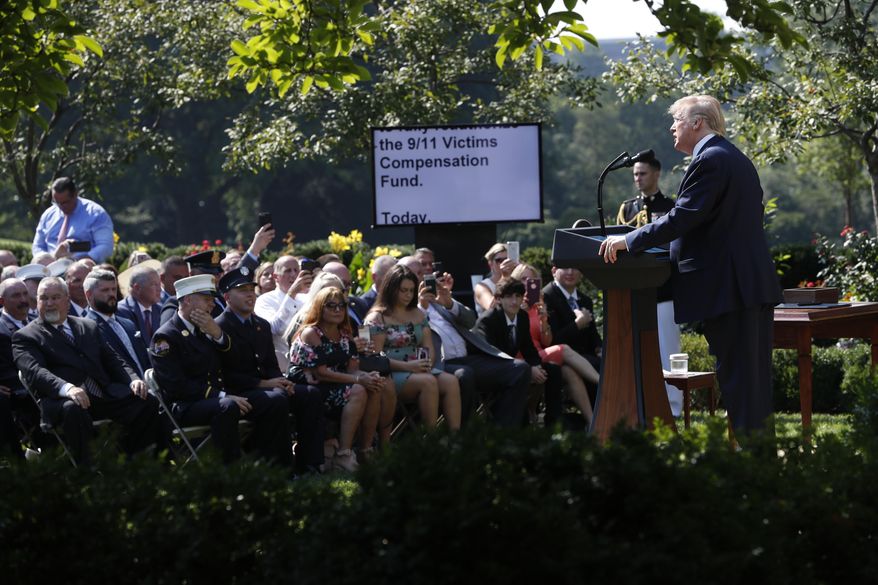 President Donald Trump speaks before signing H.R. 1327, an act ensuring that a victims' compensation fund related to the Sept. 11 attacks never runs out of money, in the Rose Garden of the White House, Monday, July 29, 2019, in Washington. (AP Photo/Pablo Martinez Monsivais)