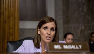 Sen. Martha McSally, R-Ariz., speaks during a Senate Armed Services Committee hearing on Capitol Hill in Washington, Tuesday, July 30, 2019, for the confirmation hearing of Gen. John Hyten to be Vice Chairman of the Joint Chiefs of Staff. (AP Photo/Andrew Harnik)
