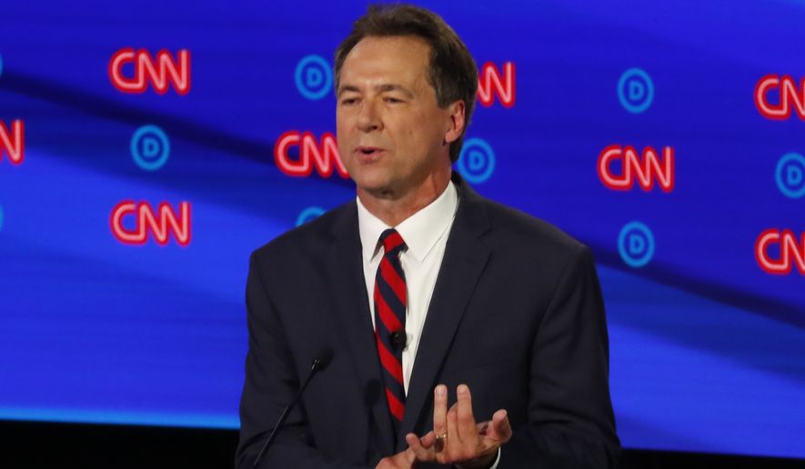 Montana Gov. Steve Bullock participates in the first of two Democratic presidential primary debates hosted by CNN Tuesday, July 30, 2019, at the Fox Theatre in Detroit. (AP Photo/Paul Sancya)