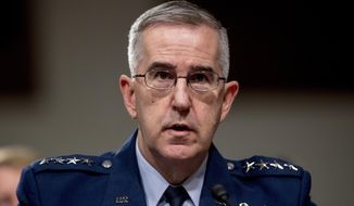 FILE - In this April 11, 2019, file photo, U.S. Strategic Command Commander Gen. John Hyten testifies before a Senate Armed Services Committee hearing on Capitol Hill in Washington. (AP Photo/Andrew Harnik, File)