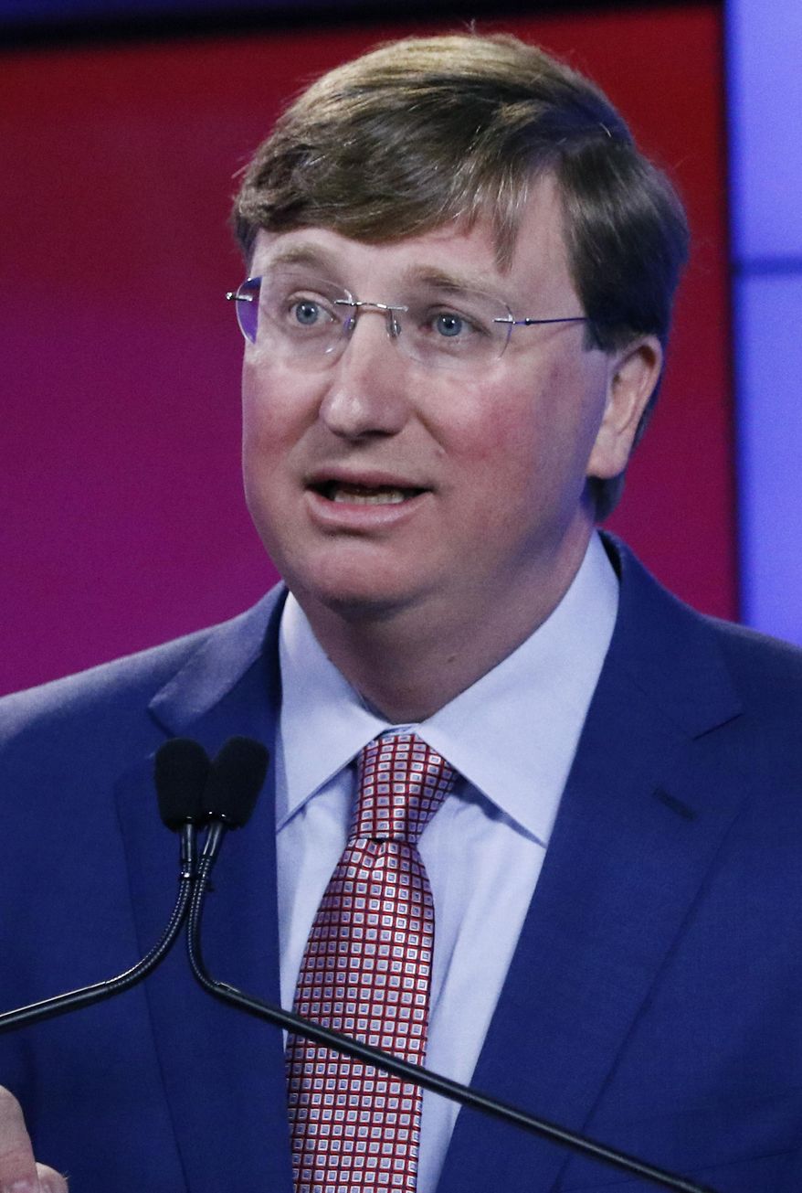 Lt. Gov. Tate Reeves responds to a question during a televised GOP gubernatorial primary debate in Jackson, Miss., Tuesday, July 23, 2019. (AP Photo/Rogelio V. Solis)
