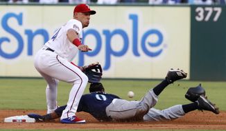 Texas Rangers&#39; Asdrubal Cabrera reaches for the throw to the bag as Seattle Mariners&#39; Mallex Smith steals second in the third inning of a baseball game in Arlington, Texas, Tuesday, July 30, 2019. (AP Photo/Tony Gutierrez)