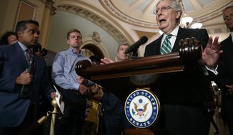 Senate Majority Leader Mitch McConnell of Ky., right, speaks to the media with Senate Republican leaders, Tuesday, July 30, 2019, after their weekly policy luncheon on Capitol Hill in Washington. (AP Photo/Jacquelyn Martin)