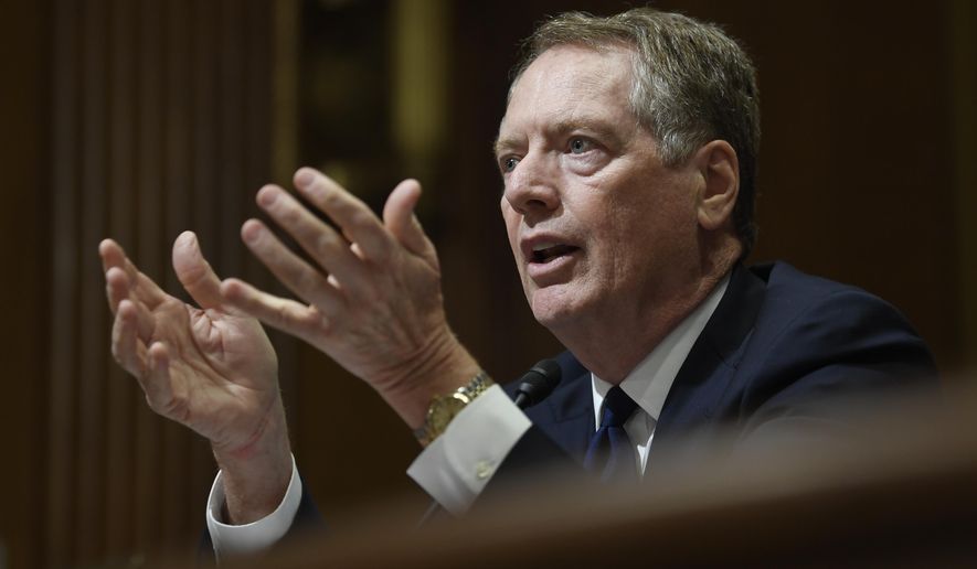FILE - In this June 18, 2019, file photo, U.S. Trade Representative Robert Lighthizer testifies before the Senate Finance Committee on Capitol Hill in Washington. Congressional Democrats appear to be moving from “no way’’ to “maybe’’ on President Donald Trump’s rewrite of a trade pact with Canada and Mexico. House Democrats have met four times with Lighthizer, most recently on Friday, July 26, and both sides say they are making progress toward a deal that would clear the way for Congress to approve Trump’s U.S.-Mexico-Canada Agreement, or USMCA. (AP Photo/Susan Walsh, File)
