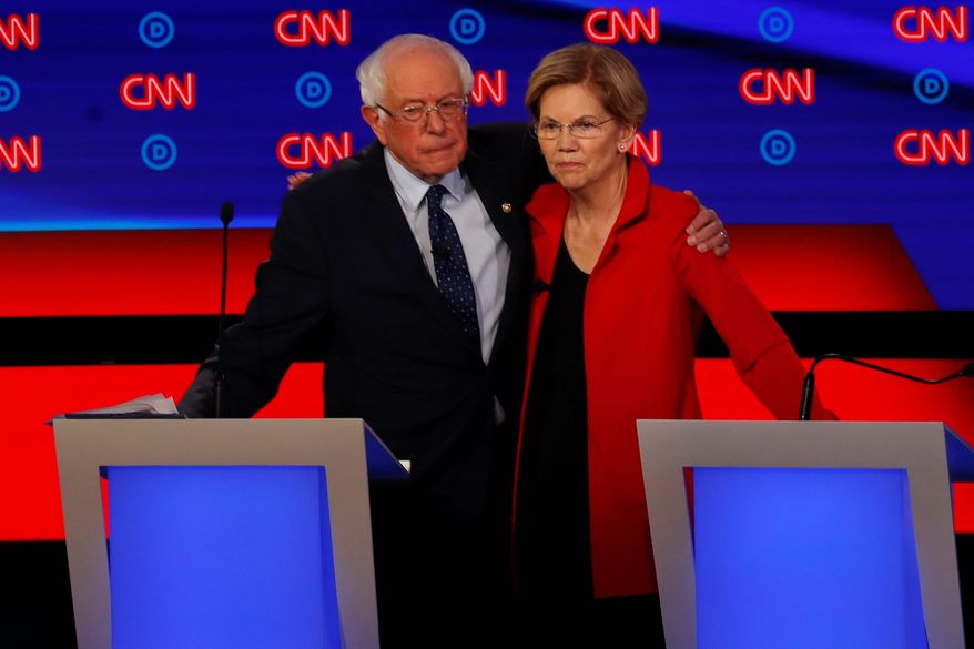 Democratic presidential candidates Sen. Bernard Sanders and Sen. Elizabeth Warren are running on a far-left platform and it's causing a rift with moderates in the party. (Associated Press)