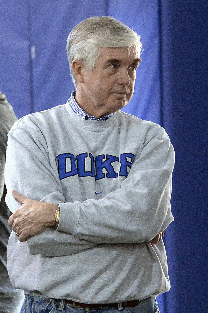FILE - This is a March 22, 2017, file photo, showing Duke athletic director Kevin Smith during Duke football Pro Day at the Pascal Field House on the campus of Duke University, in Durham, N.C. Duke returned to the top 10 in the Director’s Cup standings behind its national champion women’s golf team and a flagship men’s basketball program that boasted arguably the nation’s most recognizable college athlete _ Zion Williamson. Yet athletic director Kevin White called it a good _ but not great _ year overall. (Chuck Liddy/The News &amp;amp; Observer via AP, File)