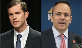 FILE - In this combination of file photos, Democratic candidate for Kentucky governor and state Attorney General Andy Beshear, left, responds during a debate at Transylvania University in Lexington, Ky., on April 24, 2019; and Kentucky Gov. Matt Bevin speaks in the Capitol building in Frankfort, Ky., on Feb. 28, 2019. Bevin claimed Wednesday, July 31, 2019, that gambling-related suicides are nightly occurrences as he criticized his political opponent’s support for expanded gambling as a way to help fund the state’s struggling public pension systems (AP Photo/File)