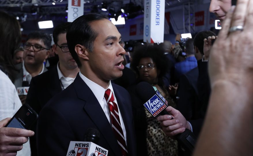 Former Housing and Urban Development Secretary Julian Castro answers questions after the second of two Democratic presidential primary debates hosted by CNN Wednesday, July 31, 2019, in the Fox Theatre in Detroit. (AP Photo/Carlos Osorio)