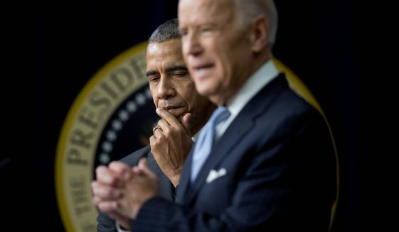 Former President Barack Obama and former Vice President Biden are shown in this undated file photo. (Associated Press) ** FILE **