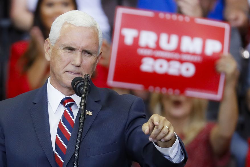 Vice President Mike Pence speaks at a campaign rally at U.S. Bank Arena, Thursday, Aug. 1, 2019, in Cincinnati. (AP Photo/John Minchillo) **FILE**