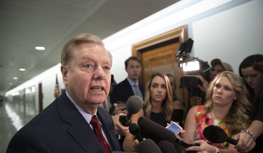 Senate Judiciary Committee Chairman Lindsey Graham, R-S.C., speaks to reporters on Capitol Hill in Washington, Thursday, Aug. 1, 2019. (AP Photo/J. Scott Applewhite) ** FILE **