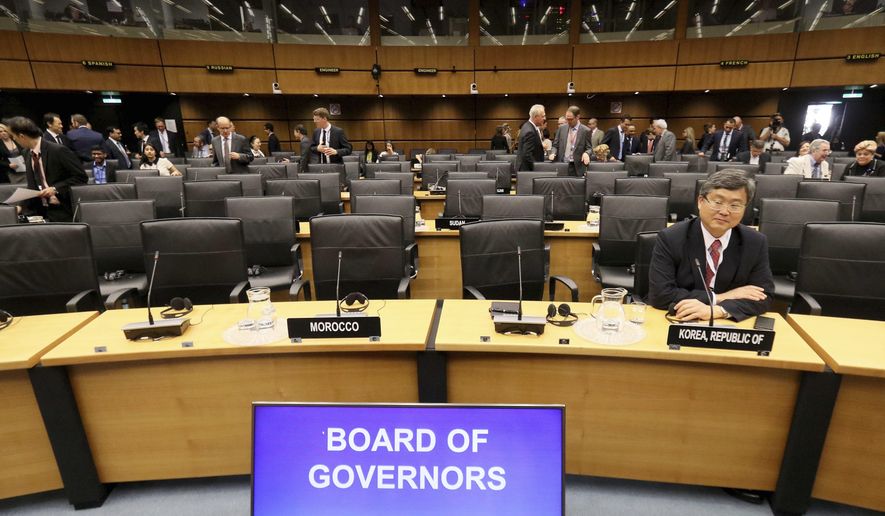 General view of the board of governors meeting of the International Atomic Energy Agency, IAEA, at the International Center in Vienna, Austria, Thursday, Aug. 1, 2019. (AP Photo/Ronald Zak)