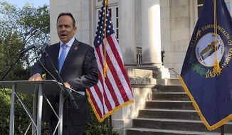 Kentucky Gov. Matt Bevin addresses abortion as a campaign issue during a news conference on Thursday, Aug. 1, 2019, in Frankfort, Ky. Bevin criticized his Democratic challenger, Andy Beshear, and a federal judge who struck down an abortion law.  (AP Photo/Bruce Schreiner)