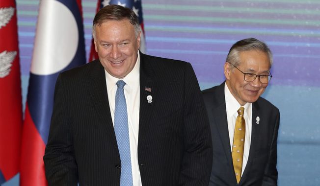 U.S. Secretary of State Mike Pompeo, left, and Thailand&#x27;s Foreign Minister Don Pramudwinai, get ready for ASEAN-U.S. meeting on the sidelines of the Association of Southeast Asian Nations (ASEAN) Foreign Ministers&#x27; meeting in Bangkok, Thailand, Thursday, Aug. 1, 2019. (AP Photo/Sakchai Lalit)