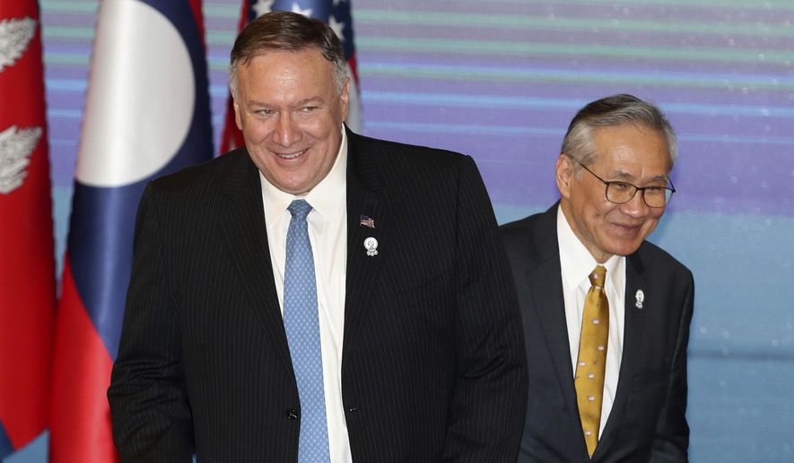 U.S. Secretary of State Mike Pompeo, left, and Thailand&#39;s Foreign Minister Don Pramudwinai, get ready for ASEAN-U.S. meeting on the sidelines of the Association of Southeast Asian Nations (ASEAN) Foreign Ministers&#39; meeting in Bangkok, Thailand, Thursday, Aug. 1, 2019. (AP Photo/Sakchai Lalit)