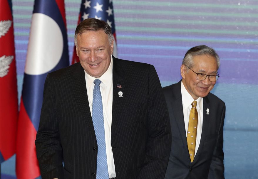 U.S. Secretary of State Mike Pompeo, left, and Thailand&#39;s Foreign Minister Don Pramudwinai, get ready for ASEAN-U.S. meeting on the sidelines of the Association of Southeast Asian Nations (ASEAN) Foreign Ministers&#39; meeting in Bangkok, Thailand, Thursday, Aug. 1, 2019. (AP Photo/Sakchai Lalit)