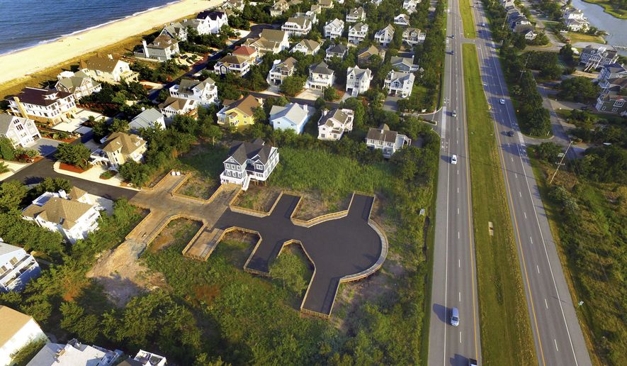 An aerial photo taken Tuesday, July 16, 2019, in Bethany Beach, Del., shows a wooden road built on pilings in one of the freshwater wetlands in coastal Delaware where the Bethany Beach Firefly, which some environmentalists want added to the federal Endangered Species List, has been previously found. (AP Photo/Gary Emeigh)