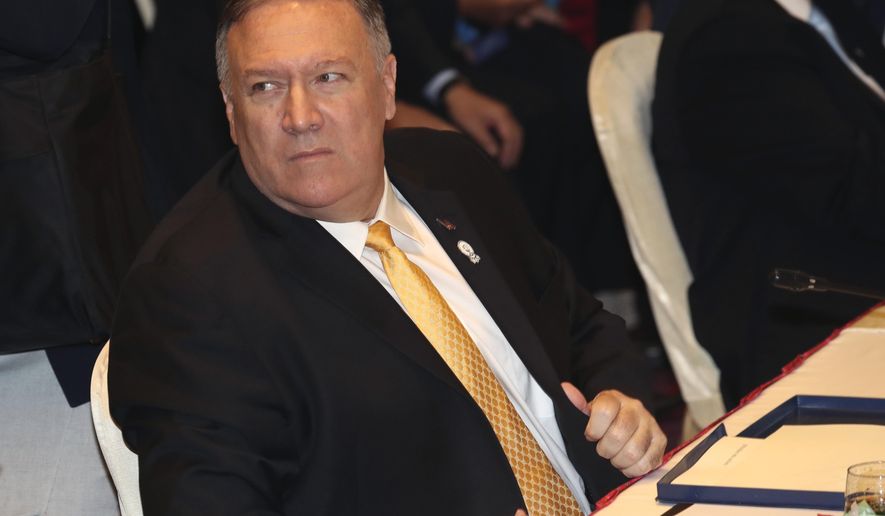 U.S. Secretary of State Mike Pompeo attends the East Asia Summit meeting in Bangkok, Thailand, Friday, Aug. 2, 2019. (AP Photo/Sakchai Lalit)