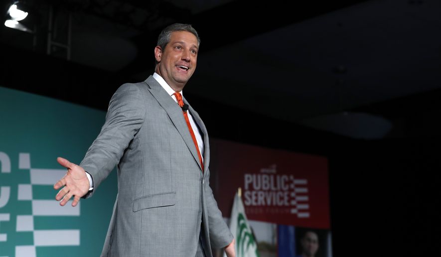 Democratic presidential candidate Congressman Tim Ryan, D-Ohio, speaks during an American Federation of State, County and Municipal Employees public service forum in Las Vegas, Saturday, Aug. 3, 2019. (Steve Marcus/Las Vegas Sun via AP)
