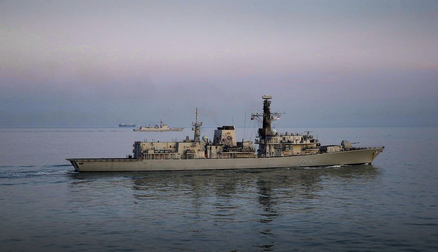 In this Aug. 2, 2019 photo provided by the Royal Navy, a view of the HMS Westminster which has shadowed a Chinese warship through the English Channel. Portsmouth-based HMS Westminster met up with the guided-missile destroyer Xian as it entered the Dover Straits on Saturday and shadowed her as she sailed through the channel’s busy merchant shipping. The frigate’s commanding officer, Will Paston, says the “Xian conducted herself in a safe and professional manner throughout." (LPhot Alex Ceolin/Royal Navy/Crown Copyright via AP)