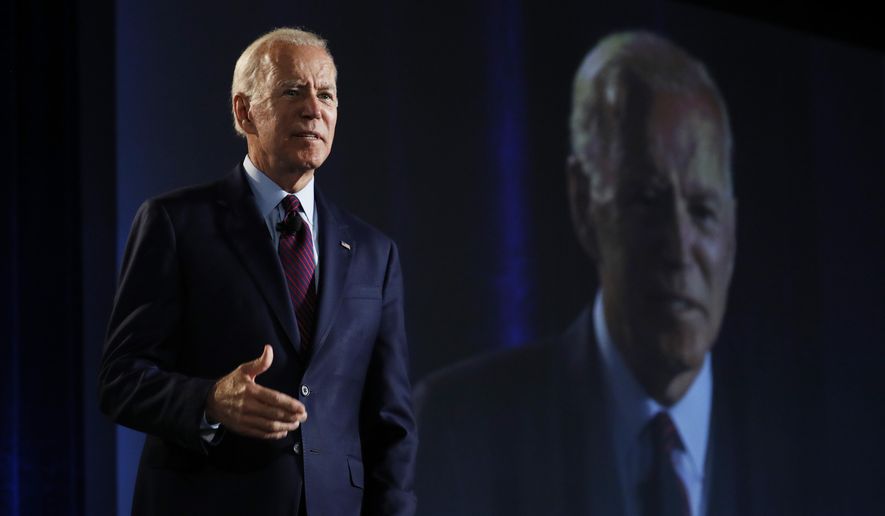Former Vice President and Democratic presidential candidate Joe Biden speaks during a public employees union candidate forum Saturday, Aug. 3, 2019, in Las Vegas. (AP Photo/John Locher)