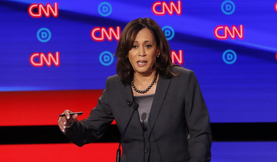 In this July 31, 2019, photo, Sen. Kamala Harris, D-Calif., participates in the second of two Democratic presidential primary debates hosted by CNN in Detroit. (AP Photo/Paul Sancya) ** FILE **