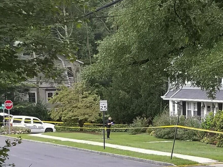 Authorities investigate a suspected homicide on Saturday, Aug. 3, 2019 in Maplewood Township, N.J. Authorities are investigating a suspected double homicide in the suburban neighborhood in northern New Jersey. Prosecutors in Essex County say the bodies of a man and woman were found about 6 a.m. Saturday. Authorities haven’t yet released the names of the victims. Autopsies are planned to determine the cause of death, but prosecutors said a homicide investigation was opened. (AP Photo/Brooke Lefferts)