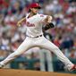 Philadelphia Phillies starting pitcher Aaron Nola throws during the first inning of a baseball game against the Chicago White Sox, Saturday, Aug. 3, 2019, in Philadelphia. (AP Photo/Laurence Kesterson)