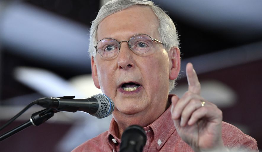 Senate Majority Leader Mitch McConnell, R-Ky., addresses the audience gathered at the Fancy Farm Picnic in Fancy Farm, Ky., Saturday, Aug. 3, 2019. (AP Photo/Timothy D. Easley)