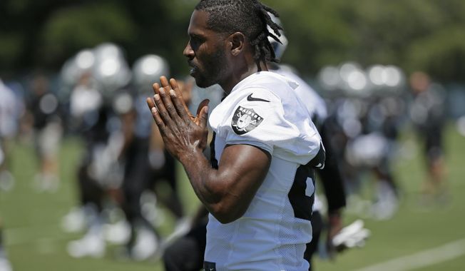 FILE - In this June 11, 2019, file photo, Oakland Raiders wide receiver Antonio Brown is shown during an NFL football minicamp in Alameda, Calif. The Raiders and their big personalities like Antonio Brown and Richie Incognito are ready to be stars on HBO&#x27;s &amp;quot;Hard Knocks.&amp;quot; (AP Photo/Eric Risberg) ** FILE **