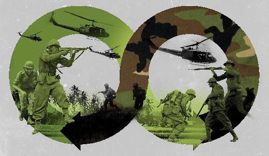 Illustration on endless wars by Linas Garsys/The Washington Times