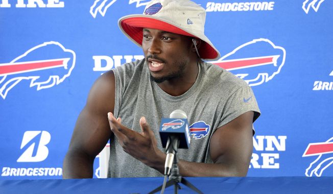 FILE - In this July 26, 2018, file photo, Buffalo Bills running back LeSean McCoy speaks to the media at the NFL football team&#x27;s training camp in Pittsford, N.Y. LeSean McCoy says he’s heard people question whether he’s lost a step at the age of 31 and using that as motivation entering his 11th NFL season. Coming off his least productive year, McCoy insists he still considers himself being what he referred to as “The Guy” in Buffalo’s backfield, and intends to prove that on Sundays. McCoy addressed reporters following the Bills&#x27; final session of training camp in suburban Rochester on Tuesday, Aug. 6, 2019. (AP Photo/Adrian Kraus, File)