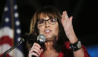 In this Sept. 21, 2017, photo, former vice presidential candidate Sarah Palin speaks at a rally in Montgomery, Ala. (AP Photo/Brynn Anderson) **FILE**