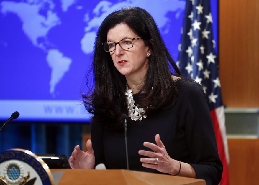 Kimberly Breier, Assistant Secretary of State for Western Hemisphere Affairs, gestures during a news conference at the State Department in Washington, Wednesday, April 17, 2019. The Trump administration announced that it's allowing lawsuits against foreign companies operating in properties seized from Americans in Cuba, a major policy shift that has angered European and other allies.(AP Photo/Pablo Martinez Monsivais)