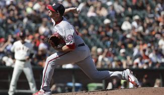 Washington Nationals pitcher Daniel Hudson (44) throws against the San Francisco Giants during the ninth inning of a baseball game in San Francisco, Wednesday, Aug. 7, 2019. (AP Photo/Jeff Chiu) ** FILE **