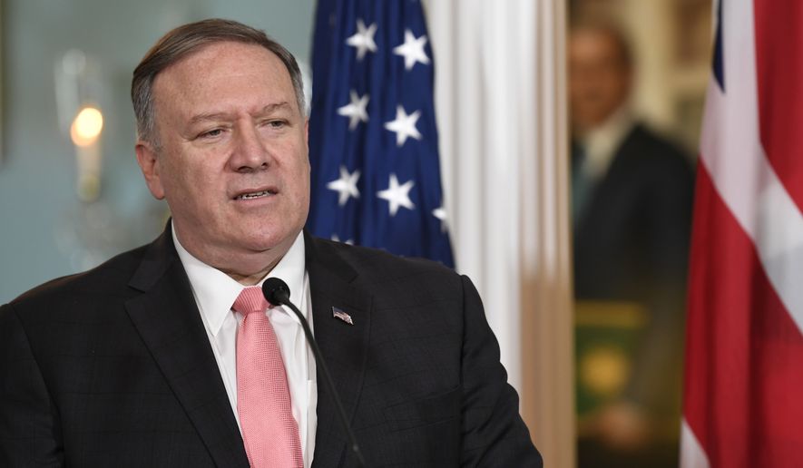 Secretary of State Mike Pompeo speaks during a press availability with Britain&#x27;s Foreign Secretary Dominic Raab at the State Department in Washington, Wednesday, Aug. 7, 2019. (AP Photo/Susan Walsh) ** FILE **