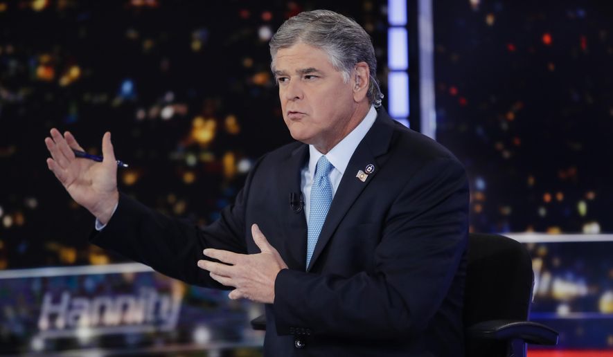 Fox News host Sean Hannity interviews Democratic presidential candidate and New York Mayor Bill de Blasio during a taping of his show, &amp;quot;Hannity,&amp;quot; Wednesday, Aug. 7, 2019, in New York. (AP Photo/Frank Franklin II)