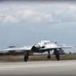 In this video grab made available on Wednesday, Aug. 7, 2019, by Russian Defense Ministry Press Service, Russia&#x27;s military drone Okhotnik is seen taking off at an unidentified location in Russia.  (Russian Defense Ministry Press Service via AP)  **FILE**