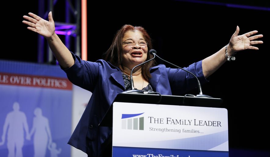 In this Aug. 9, 2014, file photo, Alveda King, niece of Dr. Martin Luther Kings, speaks during The Family Leadership Summit in Ames, Iowa. (AP Photo/Charlie Neibergall, File)