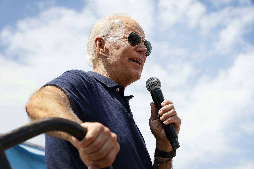 Democratic presidential candidate former Vice President Joe Biden speaks at the Des Moines Register Soapbox during a visit to the Iowa State Fair, Thursday, Aug. 8, 2019, in Des Moines, Iowa. (AP Photo/Charlie Neibergall)