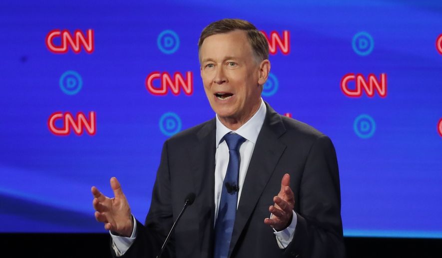In this July 30, 2019, file photo, former Colorado Gov. John Hickenlooper speaks during the first of two Democratic presidential primary debates in Detroit. Pressure is mounting on former Hickenlooper to trade in his faltering presidential bid for a U.S. Senate run in his home state. (AP Photo/Paul Sancya, File)