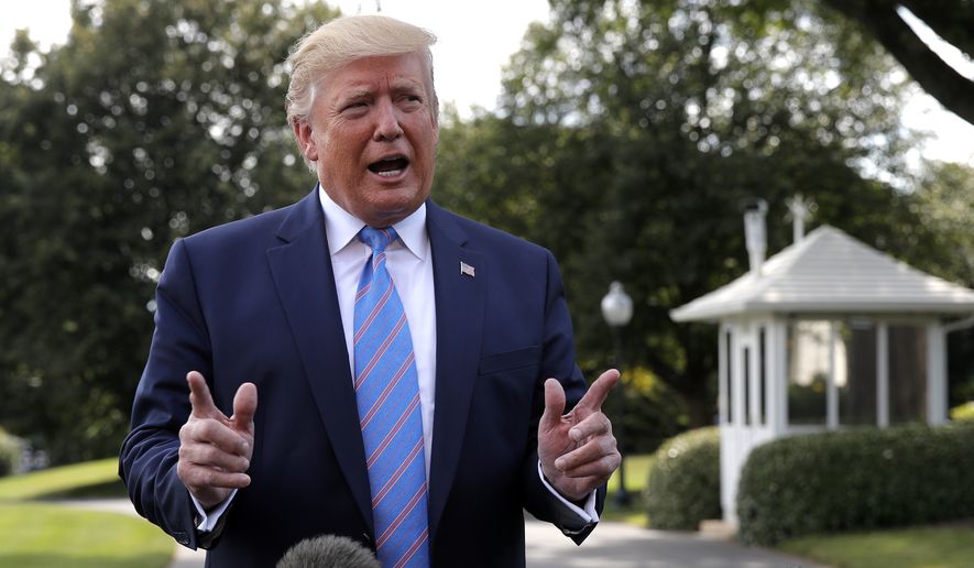 In this Aug. 2, 2019, photo, President Donald Trump speaks to reporters before departing the White House in Washington. (Associated Press) ** FILE **