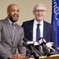 FILE - In this Jan. 3, 2019 file photo, Wisconsin Lt Gov-elect Mandela Barnes, left, and Democratic Gov-elect Tony Evers address the media in Madison, Wis. Lt. Gov. Barnes says he hasn&#x27;t completed his degree at Alabama A&amp;amp;M University, though he completed coursework to resolve an incomplete class but never turned it in. Barnes&#x27; biography on Gov. Evers&#x27; website doesn&#x27;t claim that he graduated. He says he&#x27;s working to complete requirements. (Steve Apps/Wisconsin State Journal via AP, File)