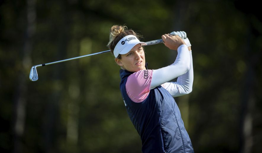 Holland's Anne Van Dam tees off on the 17th, during day one of the Ladies Scottish Open golf tournament at The Renaissance Club, North Berwick, Scotland, Thursday Aug. 8, 2019. (Kenny Smith/PA via AP)