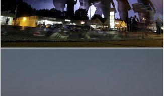 This combination of photos shows protesters marching in the street as lightning flashes in the distance on Aug. 20, 2014,  top, and the same location along West Florissant Avenue on July 24, 2019, in Ferguson, Mo. (AP Photo/Jeff Roberson)