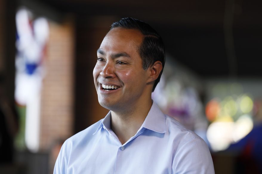 Democratic presidential candidate former U.S. Secretary of Housing and Urban Development Julian Castro speaks during an interview during a visit to the Iowa State Fair, Friday, Aug. 9, 2019, in Des Moines, Iowa. (AP Photo/Charlie Neibergall)