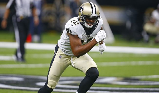 New Orleans Saints wide receiver Rishard Matthews (12) comes off the line in the second half of an NFL preseason football game against the Minnesota Vikings in New Orleans, Friday, Aug. 9, 2019. (AP Photo/Butch Dill) ** FILE **