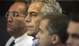 In this July 30, 2008, file photo, Jeffrey Epstein appears in court in West Palm Beach, Fla. Epstein has died by suicide while awaiting trial on sex-trafficking charges, says person briefed on the matter, Saturday, Aug. 10, 2019. (AP Photo/Palm Beach Post, Uma Sanghvi, File)