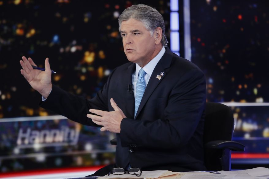 Fox News host Sean Hannity interviews then-New York Mayor Bill de Blasio during a taping of his show, &quot;Hannity,&quot; Wednesday, Aug. 7, 2019, in New York. (AP Photo/Frank Franklin II)  ** FILE **
